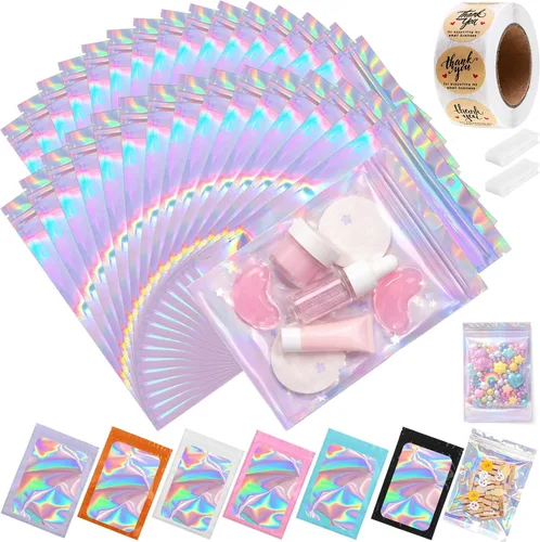 Miniatura 26 de Paquete de 150 bolsas holográficas de Mylar de 5 x 8 pulgadas con ventana transparente, pequeñas bolsas de papel de aluminio resellables
