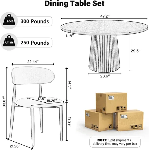 Miniatura 2 de Juego de mesa de comedor redonda de granja para 4, 47 pulgadas, mesa de cocina con mesa y base de MDF, sillas tapizadas de tela beige con patas