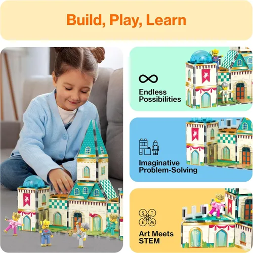 Miniatura 4 de PicassoTiles 70 piezas Edad Media Medieval y Tema de Castillo 2 en 1 8 Figuras de Acción de Personajes Imantados Ladrillos de Construcción Medieval