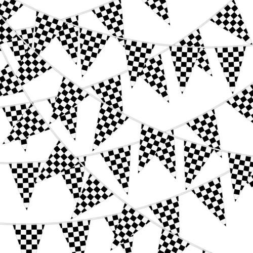 MARFOREVER Pancarta de bandera a cuadros en blanco y negro de 164 pies, 80 banderas de carreras de autos de carreras, banderines de bandera de