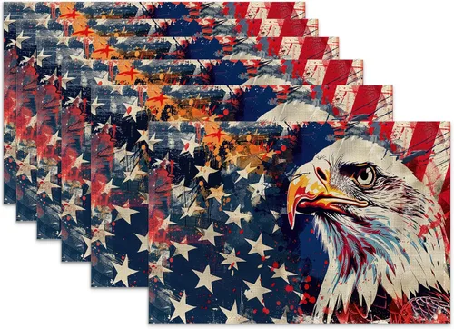 Juego de 6 manteles individuales con bandera estadounidense, diseño de águila calva, resistentes al calor, lavables, para fiestas, cocina, granja,