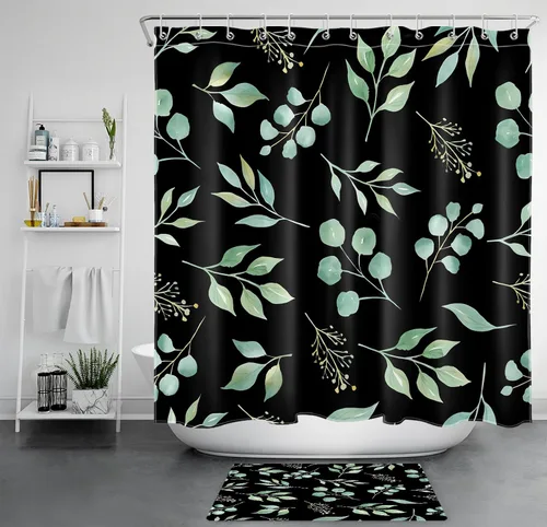 Miniatura 19 de EOBTAIN Cortina de ducha de hojas de eucalipto verde para baño, cortina de ducha con hojas de plantas naturales en beige con 10 ganchos, juego