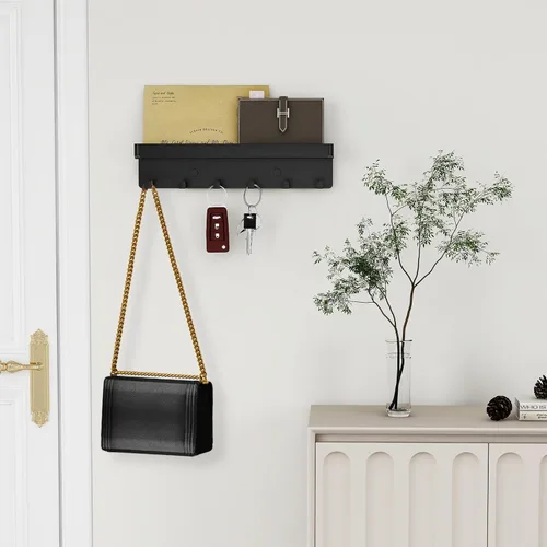 Miniatura 2 de Soporte para llaves de pared, organizador rústico de llaves y correo, 6 ganchos para llaves con estante, pequeño estante para llaves con bandeja