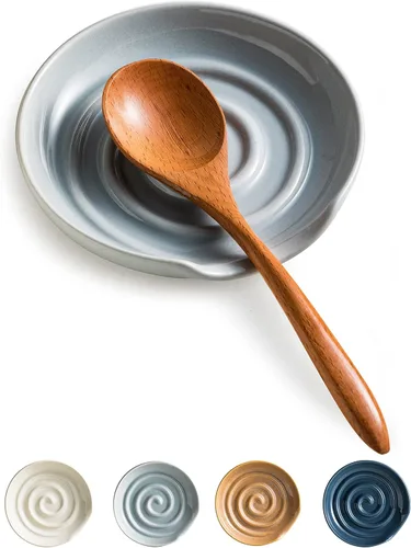 Miniatura 10 de Soporte para cuchara, soporte para cuchara con bandeja profunda para evitar derrames de salsa, soporte para utensilios para espátula, cuchara de Gris
