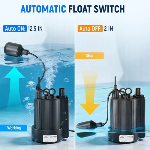 Miniatura 2 de D-HONOR - Bomba de sumidero, bomba de agua sumergible de 1/3 HP 1600 GPH, con interruptor de flotador, bomba automática para piscina, estanque