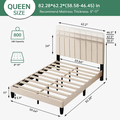 Miniatura 2 de Base de cama tamaño Queen con cabecera tapizada, base de cama de plataforma con cabecera suave de lino de altura ajustable, 10 piezas de soporte