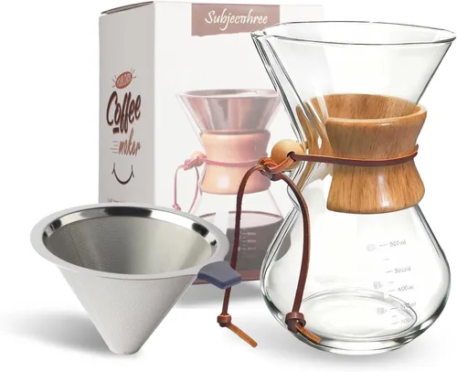 Subjectthree - Juego de cafetera de vidrio para verter sobre 6 tazas con filtro reutilizable, fácil de limpiar para camping, oficina, cafeterías,