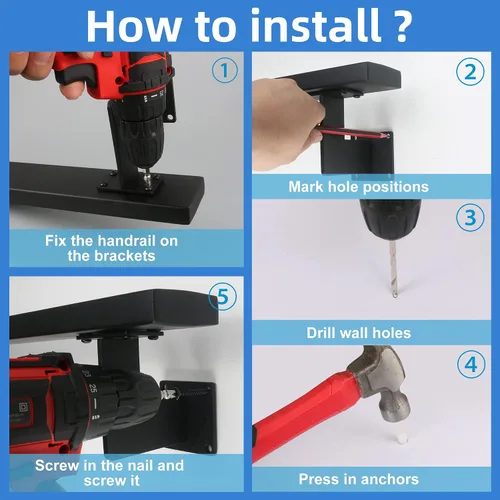 Miniatura 5 de RECTOO Barandilla moderna de 4 pies – Kit completo. Revestimiento de polvo negro de hierro galvanizado negro con 2 soportes de pared para escaleras