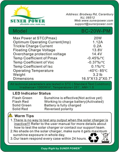 Miniatura 5 de Cargador y Mantenedor de Batería Solar Impermeable de 12V - Panel Solar Mono de 20 Vatios con Controlador de Carga MPPT Inteligente Integrado +