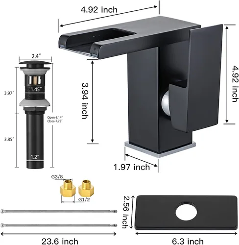 Miniatura 2 de Grifo de baño con luz LED RGB, boquilla de cascada, color negro, 3 colores cambiantes, mango de un agujero, conjunto de drenaje a juego