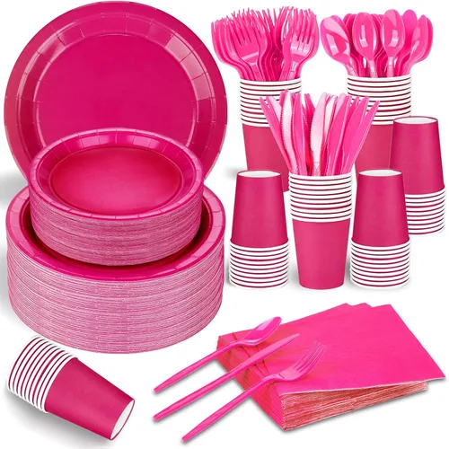 Miniatura 18 de El juego de 228 piezas de suministros de fiesta color rosa incluye platos de papel, vasos, servilletas rosas, cucharas de plástico, tenedores