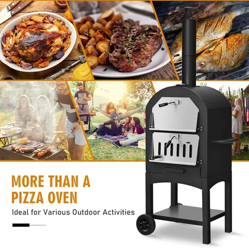 Miniatura 5 de Happygrill Horno de pizza para exteriores de leña, pizzero portátil con parrilla y piedra, rejillas de cocción, termómetro incorporado, cubierta