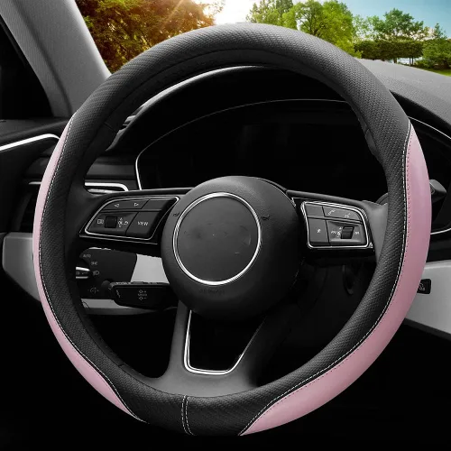 Miniatura 3 de YHONGJT Funda de volante de cuero de microfibra suave y linda de color rosa claro antideslizante, universal de 15 pulgadas para mujeres y niñas