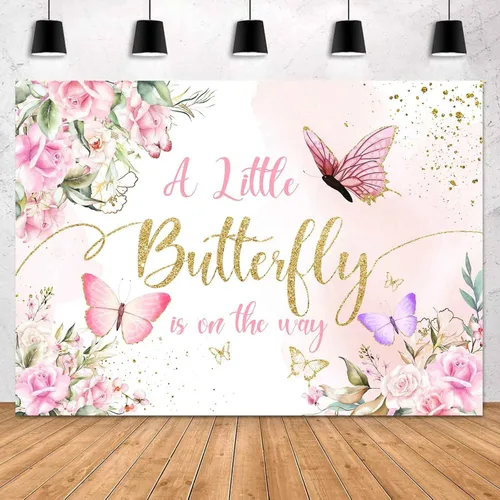 Miniatura 4 de Sensfun Telón de fondo de mariposa para baby shower con texto en inglés "A Little Butterfly is on the Way" (La pequeña mariposa está en camino)