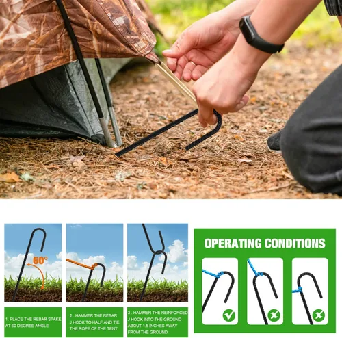 Miniatura 5 de ERYTLLY Estacas de Varilla Corrugada de 12 Pulgadas con Gancho en J, Estacas de Metal Galvanizado Resistente para Suelo, Barril, Carpa, Juego