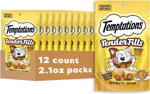 Temptations Tender Fills - Golosinas crujientes y suaves para gatos adultos, sabor a pollo tostado, bolsa de 2.1 onzas (paquete de 12)