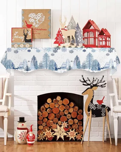 Miniatura 2 de Mantel con diseño de copo de nieve azul para chimenea de Navidad, bufanda para repisa, estola para estantes, renos, alces, nieve, bosque, cubierta