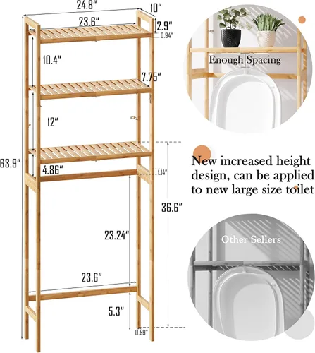 Miniatura 2 de AMBIRD Almacenamiento sobre el inodoro, organizador de baño de 3 niveles sobre el inodoro con estantes de bambú resistentes, estante de inodoro