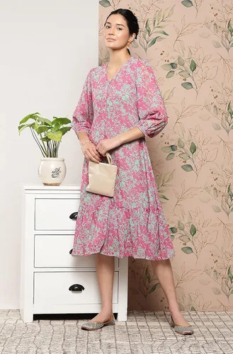 Miniatura 3 de Janasya Vestido occidental de Georgette rosa con estampado floral para mujer india