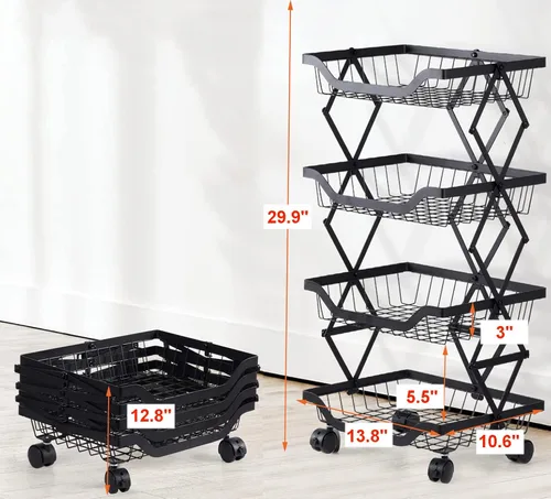Miniatura 4 de Cestas de cocina, despensa, organizador de almacenamiento, sin necesidad de montaje, 4 niveles, plegable, de metal, plegable, cesta de frutas