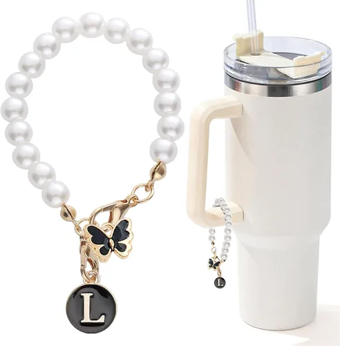 Miniatura 67 de Encanto de letra para Copa Stanley, accesorios de cadena de perlas, encantos de iniciales de Copa Stanley para asa, decoración de botella de agua