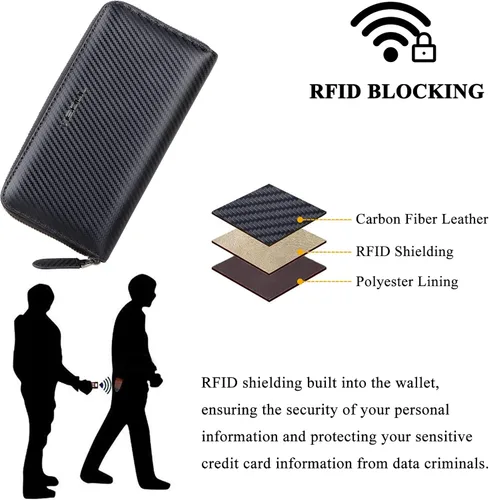 Miniatura 62 de VISOUL Cartera larga de cuero con cremallera para hombres y mujeres con bloqueo RFID, cartera larga de embrague grande con cremallera, Negro