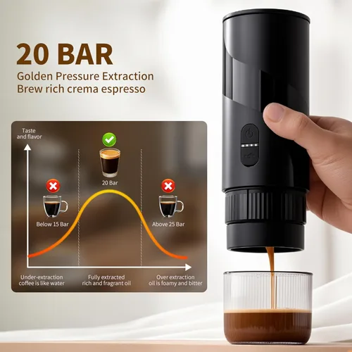 Miniatura 9 de Cafetera portátil recargable de viaje con USB-C, 20 bar, cafetera eléctrica para acampar y viajar, cafetera de coche 3 en 1, compatible con café