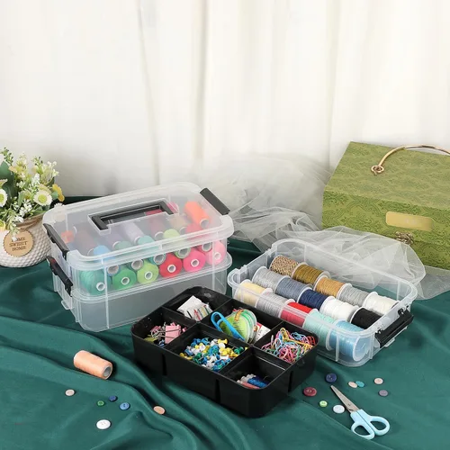 Miniatura 3 de JUXYES Paquete de 2 Cajas de Almacenamiento Apilables y Portátiles de 3 Niveles con Bandeja Dividida, Contenedor de Almacenamiento Apilable