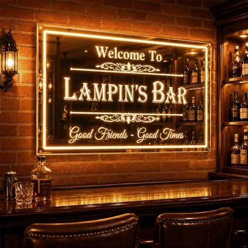 Personalized Bar Mirror Neon Sign with Dimmable LED Border Light, Custom Light Up Home Bar Decor for Man Cave Garage Basement Pub, Vintage Mirror