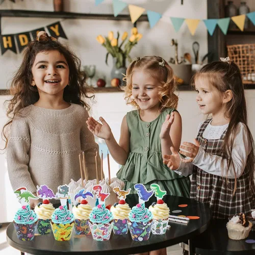 Miniatura 7 de 48 piezas de adornos y envoltorios de dinosaurios para cupcakes, dinosaurios de dibujos animados para niños y niñas, fiesta de cumpleaños, baby