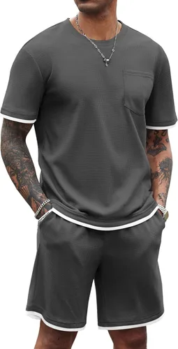 Miniatura 31 de COOFANDY Conjunto de camisa y pantalones cortos de gofre para hombre, conjunto de 2 piezas, conjunto casual de verano con bolsillos