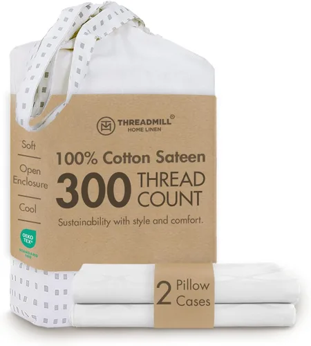 Miniatura 12 de Threadmill Home Linen Bedding - Juego de sábanas de 300 hilos, 100 % algodón, juego de cama de lujo, 4 piezas, tejido de satén suave, color blanco