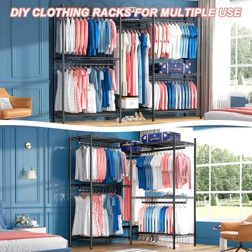 Miniatura 5 de Raybee Perchero de ropa para colgar ropa, capacidad de 900 libras, armario portátil resistente con 5 barras de suspensión y 8 estantes