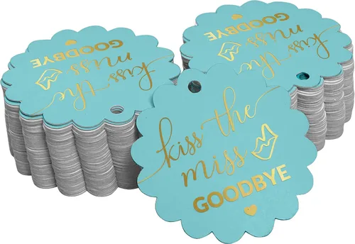 Etiquetas colgantes de papel de aluminio dorado Kiss The Miss Goodbye - Etiquetas de regalo de despedida de soltera, 50 piezas