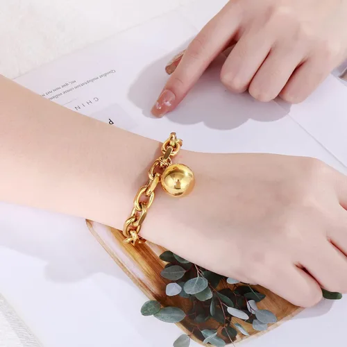 Miniatura 2 de Elefezar Pulsera de cadena gruesa de acero inoxidable con dijes de bola para mujer, accesorios de joyería