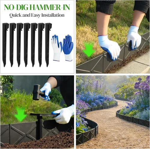 Miniatura 8 de Hlogree Paquete de 6 bordes metálicos para paisajes, bordes de jardín, borde de jardín con 6 estacas de anclaje, borde de metal resistente sin