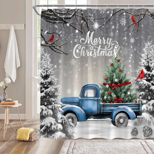 Miniatura 3 de GCTNBJL Cortina de ducha de invierno de Navidad, camión rojo y azul, árbol de Navidad, bosque gris, naturaleza, rústico, feliz Navidad, 36 x 70