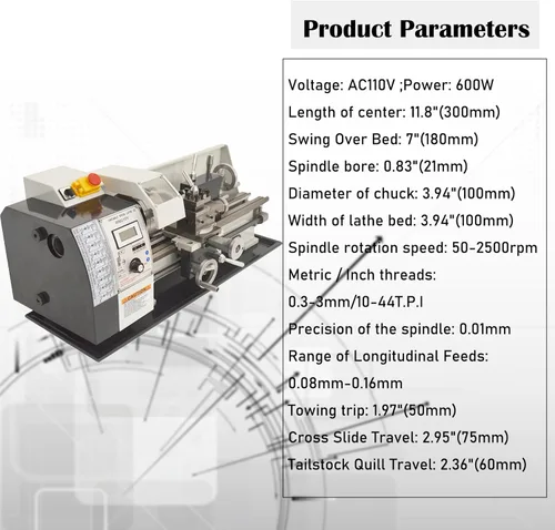 Miniatura 5 de 7 "* 12" torno de metal de sobremesa, torno de metal de precisión de hilos métricos/pulgadas, mini torno 600W motor sin escobillas