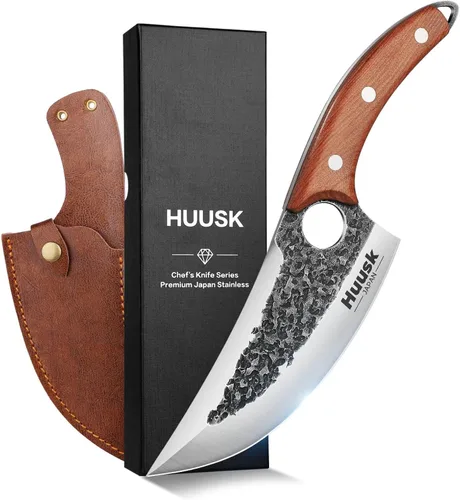 Miniatura 8 de Huusk Cuchillo de chef serbio mejorado, cuchillo de carnicero forjado con funda, cuchillo de carne japonés para cortar carne, cuchillos de corte