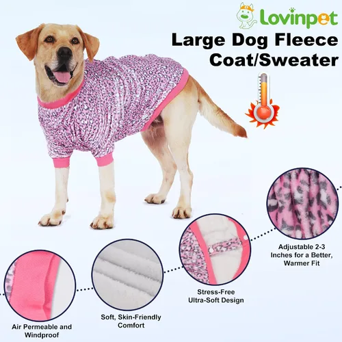 Miniatura 7 de LovinPet Chaqueta para mastín, ropa de invierno ligera de franela mejorada, tela agradable a la piel, ropa fina con estampado de leopardo rosa