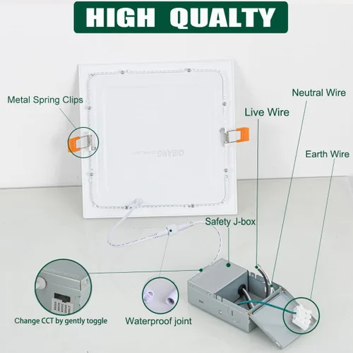Miniatura 5 de Paquete de 4 luces LED empotrables cuadradas de 8 pulgadas regulables con caja de conexiones, 3CCT 3000K-4000K-6000K seleccionables, 1600LM CRI 90+