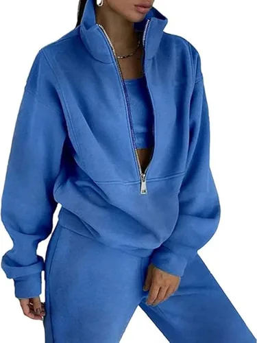 Miniatura 15 de PEHMEA Conjunto deportivo de 2 piezas de otoño para mujer, con forro polar, holgado, manga larga, media cremallera, cómodo conjunto de descanso