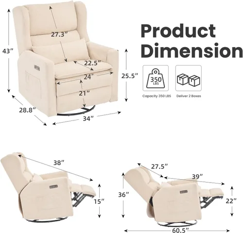 Miniatura 2 de Oversized Swivel Rocker Recliner with Lumbar Cushion,Power Recliner Nursery Chair with Adjustable Headrest,Nursery Glider Recliner for Living Beige