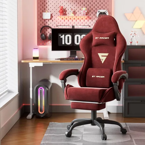 Miniatura 11 de Huracan Silla de juegos de tela de terciopelo con reposapiés para adultos, sillas ergonómicas para juegos con base de masaje, silla reclinable