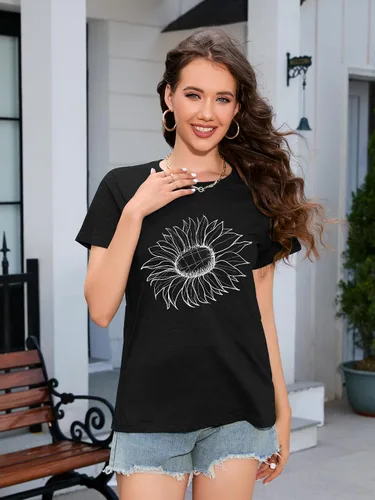 Miniatura 2 de DEARCASE Camiseta de otoño para mujer, diseño de girasol, holgada, cuello redondo, manga corta, informal, para mujer