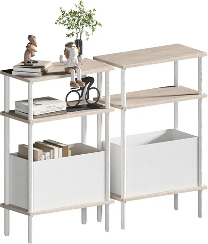 Miniatura 13 de Mesa auxiliar estrecha con cesta de tela, mesa auxiliar para espacios pequeños, mesita de noche delgada con estante de almacenamiento de 3 niveles
