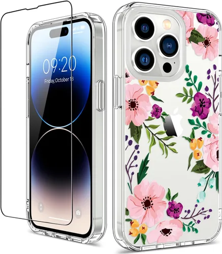 Miniatura 30 de Funda para iPhone 14 Pro con protector de pantalla, 6.1 pulgadas, transparente de cuerpo completo, a prueba de golpes, diseño floral, para niñas