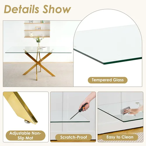 Miniatura 4 de Juego de mesa de comedor de cristal dorado moderno de 63 pulgadas para 6, juego de mesa de cocina rectangular de 7 piezas con patas de acero Negro
