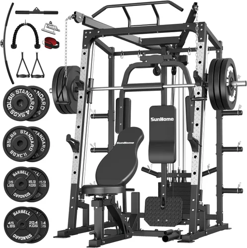 SunHome Smith Machine, soporte para sentadillas Power Cage con barra Smith, sistemas de tracción LAT, máquina cruzada de cables y accesorio de cable