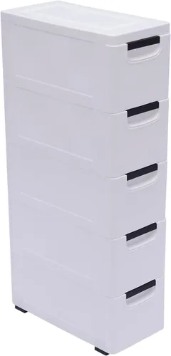Miniatura 11 de Gabinete de almacenamiento de plástico blanco de 5 niveles con 5 cajones verticales para ropa con ruedas, gabinete de almacenamiento